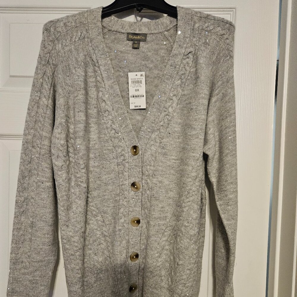 Style & Co Gray Cardigan Sweater with Sparkle Size 0X